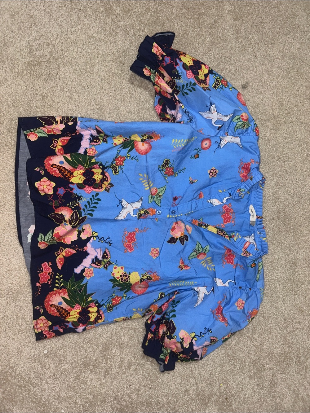 Sky Blue Floral Puff-Sleeve Blouse with Bird Motif